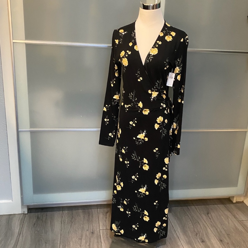 NWT Old Navy Black Yellow Floral True Midi Wrap Dress